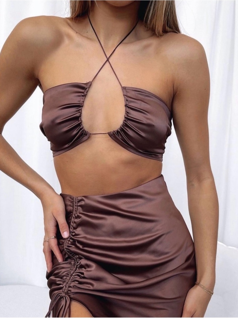 White Fox Take You Dancing Crop Sexy Satin Mocha Brown size L